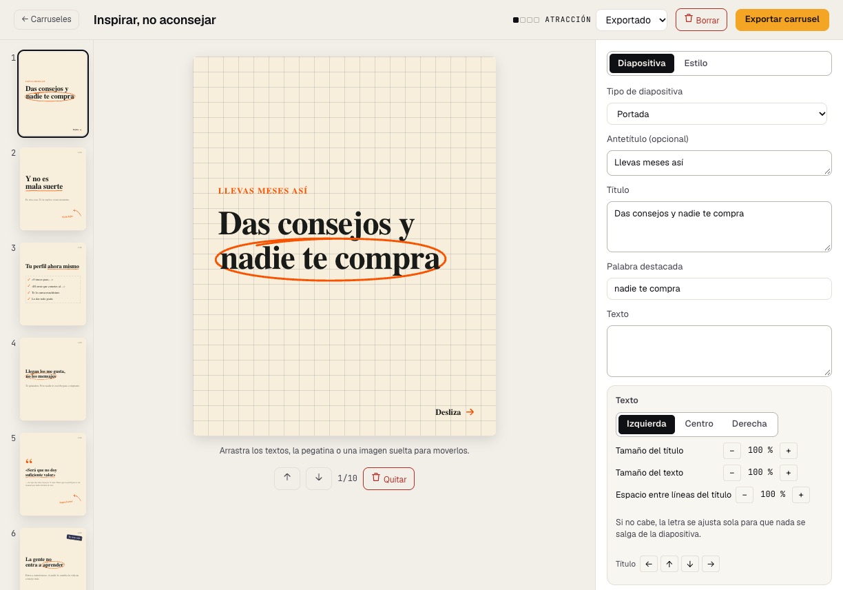 El editor de carruseles: las diez diapositivas a la izquierda, la portada en grande y sus ajustes a la derecha.