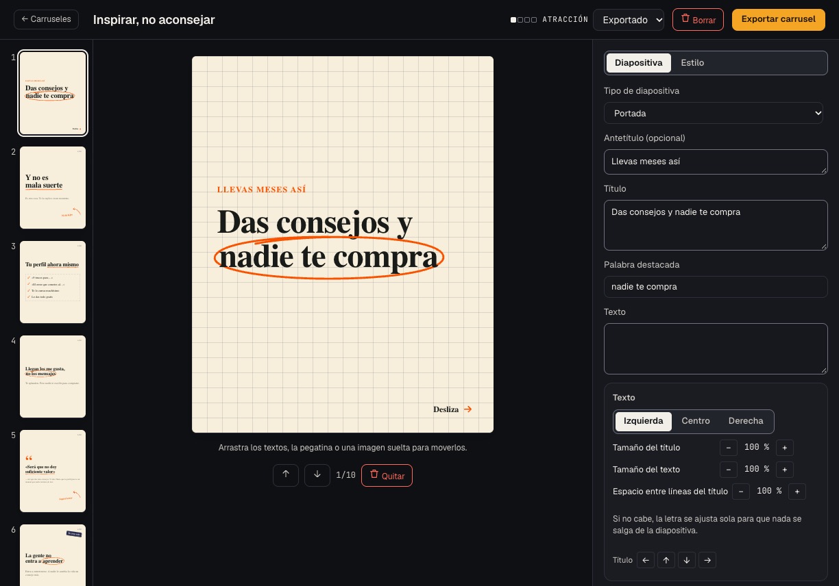El editor de carruseles: las diez diapositivas a la izquierda, la portada en grande y sus ajustes a la derecha.