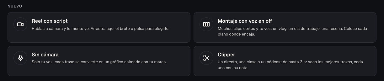 Las cuatro formas de empezar un reel en wadrop: Reel con script, Montaje con voz en off, Sin cámara y Clipper.